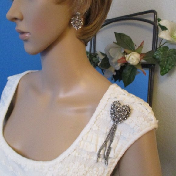 TORTOLANI Heart Brooch Earrings Set~Vintage STERLING Plate Floral Heart Jewelry - Picture 2 of 13